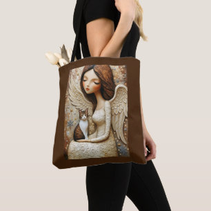 Whimsical Christmas Cat Winter Maiden Art Tote Bag