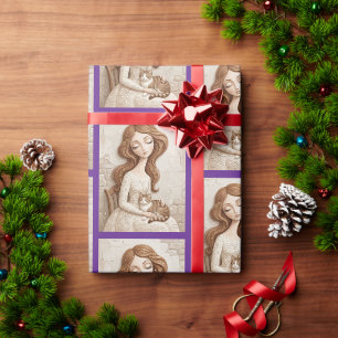 Whimsical Christmas Cat Winter Maiden Art  Wrapping Paper