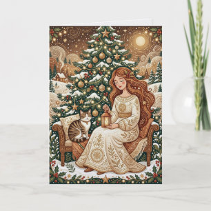 Whimsical Christmas Cat & Winter Maiden Card