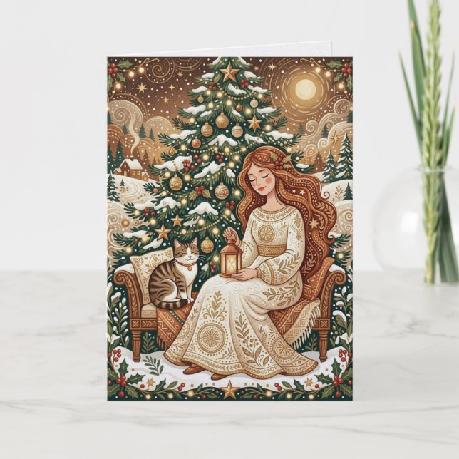 Whimsical Christmas Cat & Winter Maiden Card (Front)