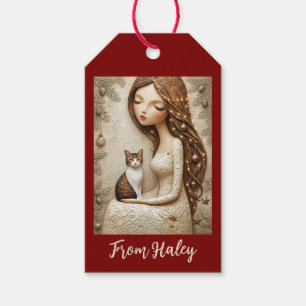 Whimsical Christmas Cat Winter Maiden Card Gift Tags