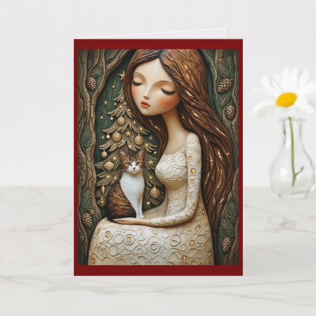 Whimsical Christmas Cat Winter Maiden Flat Card (Small Plant)