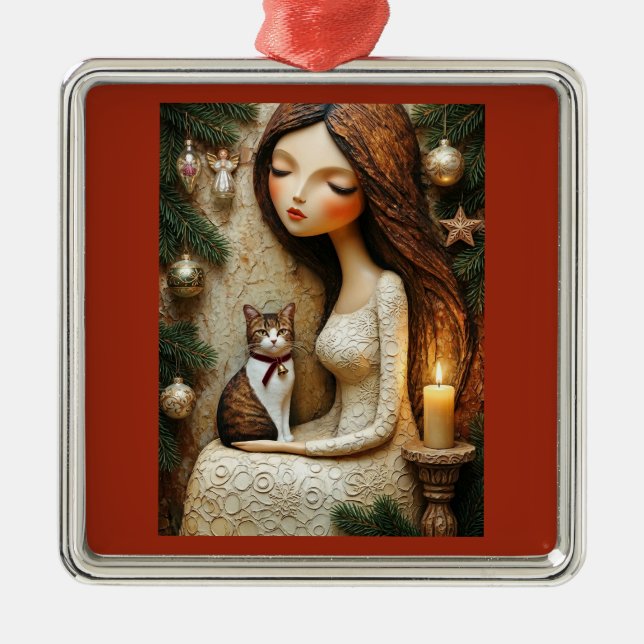 Whimsical Christmas Cat Winter Maiden Ornament (Front)