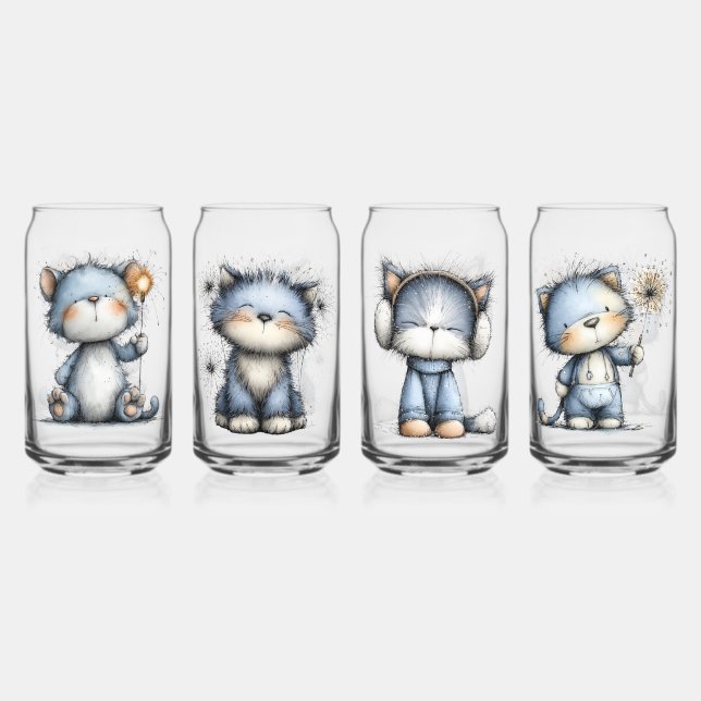 Whimsical Christmas Cats Can Glass (Front)