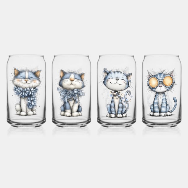 Whimsical Christmas Cats Can Glass (Front)