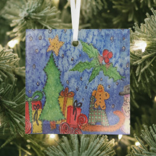 Whimsical Christmas Cheer Watercolor Painting Glass Ornament