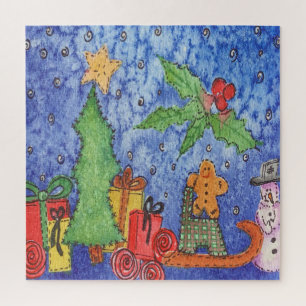 Whimsical Christmas Cheer Watercolor Painting Jigsaw Puzzle