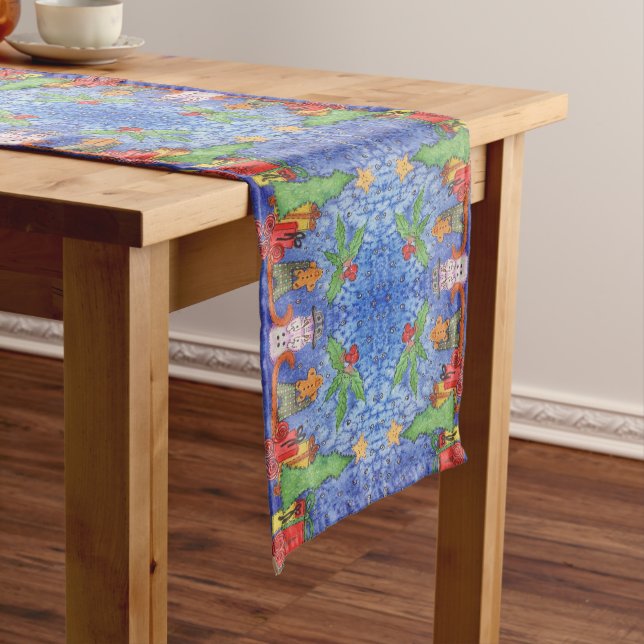 Whimsical Christmas Cheer Watercolor Painting Short Table Runner (In Situ)