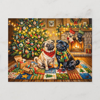 Whimsical Christmas Cottage Mops Dog Illustration Postcard
