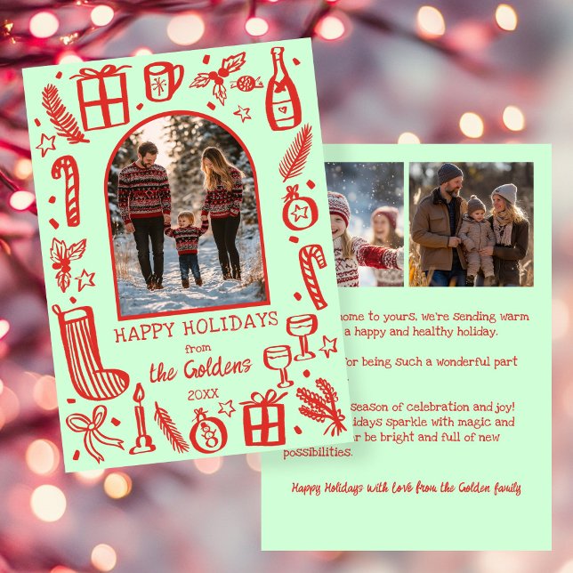 Whimsical Christmas  Cute Custom Arch 3 PHOTO  Holiday Card (Whimsical Christmas Doodle Sketch Cute Custom Arch 3 PHOTO Holiday Card
)