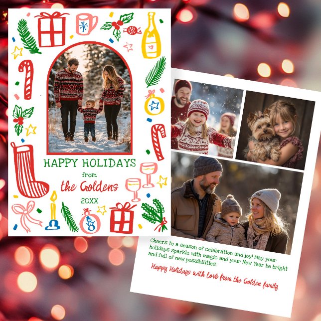 Whimsical Christmas  Cute Custom Arch 4 PHOTO  Holiday Card (Whimsical Christmas Cute Doodles Colorful Custom Arch 4 PHOTO Hand-drawn Holiday Card
)