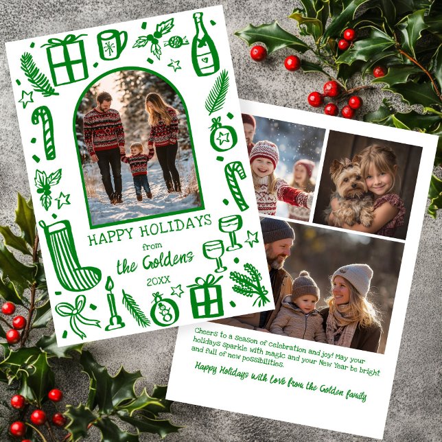 Whimsical Christmas  Cute Custom Arch 4 PHOTO  Holiday Card (Whimsical Christmas Cute Doodle Custom Arch 4 PHOTO Green White Holiday Card
)