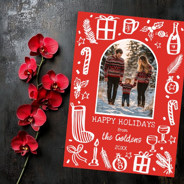 Whimsical Christmas  Cute Custom Arch PHOTO  Holiday Card (Whimsical Christmas Doodle Sketch Hand-drawn Red White Cute Custom Arch PHOTO Holiday Card
)