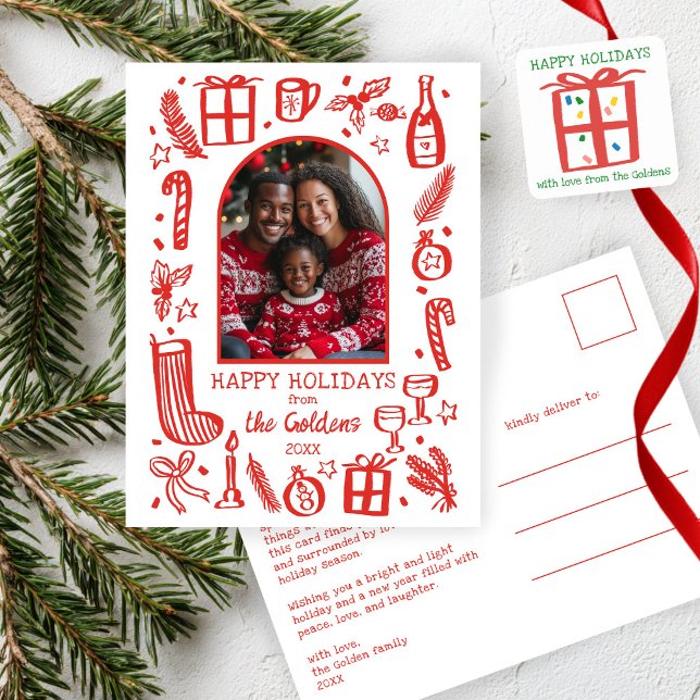 Whimsical Christmas  Cute Custom Arch PHOTO  Holiday Postcard (Whimsical Christmas Cute Doodle Sketch Custom Arch PHOTO Holiday Postcard
)