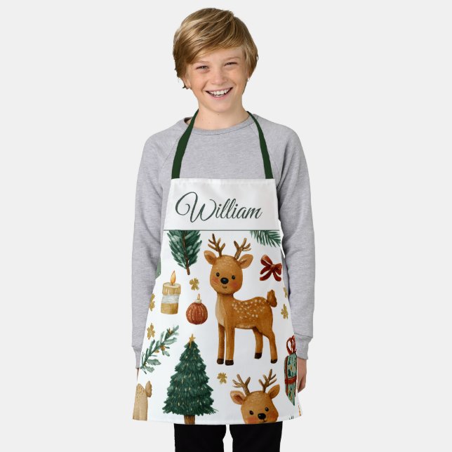 Whimsical Christmas Deer | Custom Name Kids Apron (Worn)