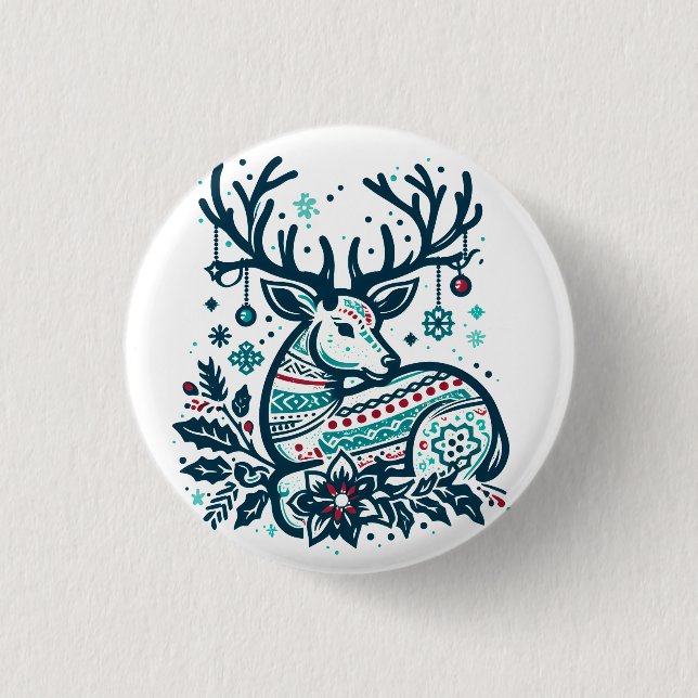 Whimsical Christmas Deer Vector Clipart - Festive 1 Inch Round Button (Front)