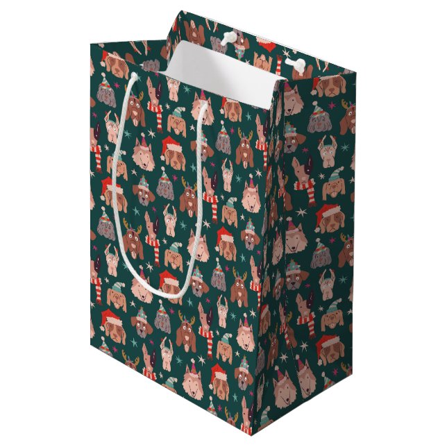Whimsical Christmas Dog Pattern Green Medium Gift Bag (Front Angled)