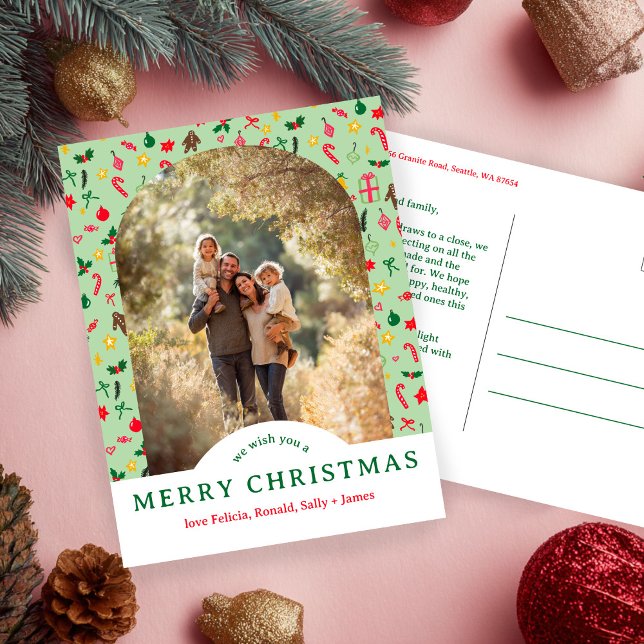Whimsical CHRISTMAS Doodles CUSTOM Arch PHOTO Postcard (Whimsical CHRISTMAS Doodles CUSTOM Arch PHOTO Holiday Postcard
)