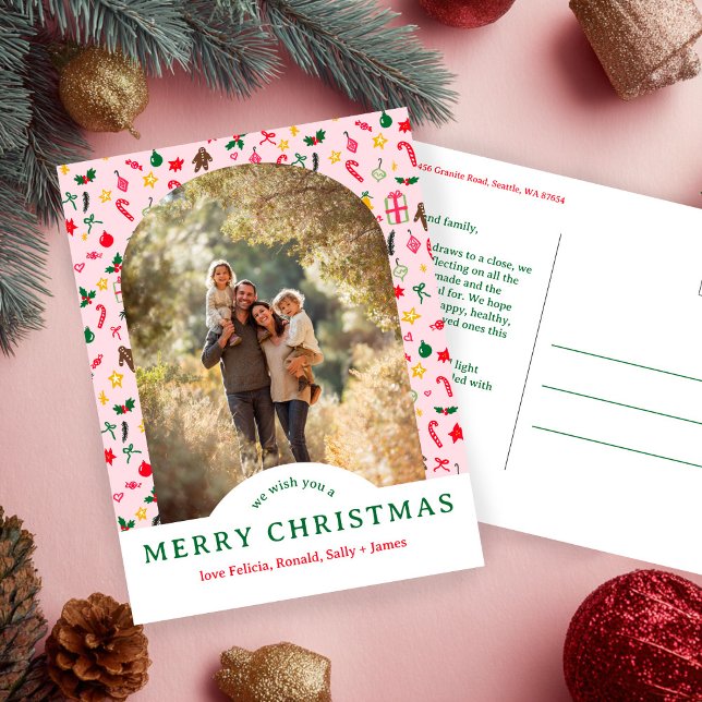 Whimsical CHRISTMAS Doodles CUSTOM Arch PHOTO Postcard (Whimsical CHRISTMAS Doodles CUSTOM Arch PHOTO Holiday Pink Postcard
)