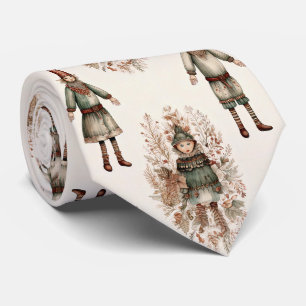 Whimsical Christmas Elf Folk Art Cream Green Red Tie
