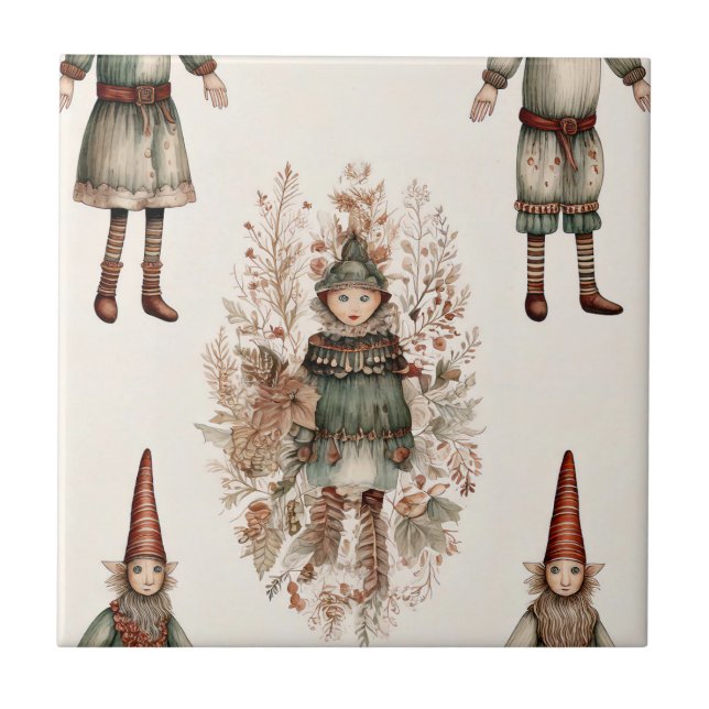Whimsical Christmas Elf Folk Art Cream Green Red Tile (Front)