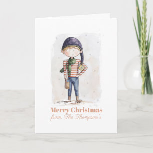 Whimsical Christmas Elf Watercolor Holiday Card