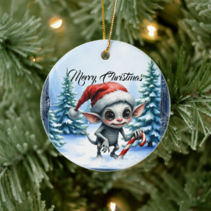 Whimsical Christmas Elf with Candy Cane. Ceramic Ornament