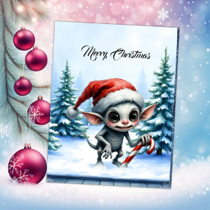 Whimsical Christmas Elf with Candy Cane. Holiday Card