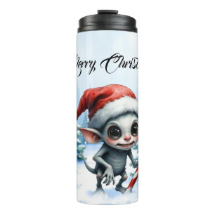 Whimsical Christmas Elf with Candy Cane. Thermal Tumbler