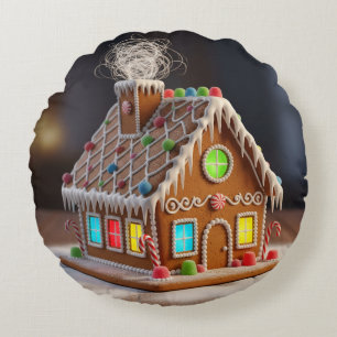 Whimsical Christmas Gingerbread House Festive Ho Round Pillow