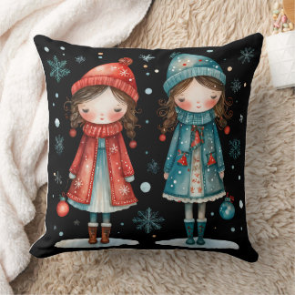 Whimsical Christmas Girls in the Snow Throw Pillow