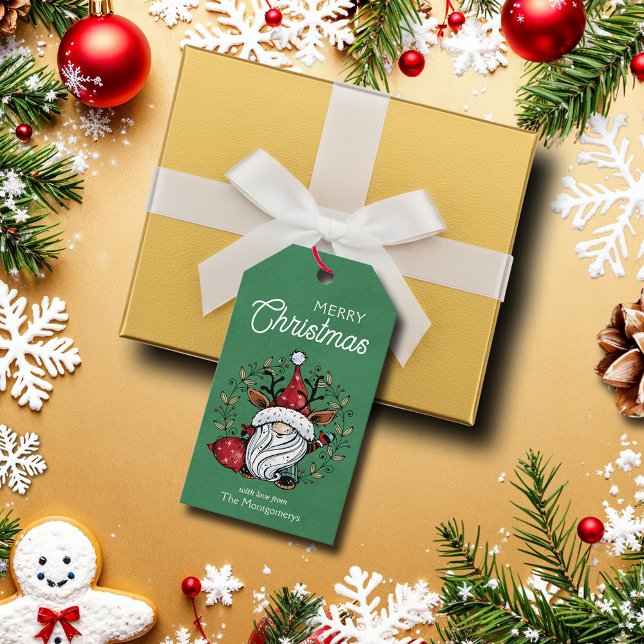 Whimsical Christmas Gnome Favour Gift Tags (Whimsical Christmas gnome elf on green favor gift tags)
