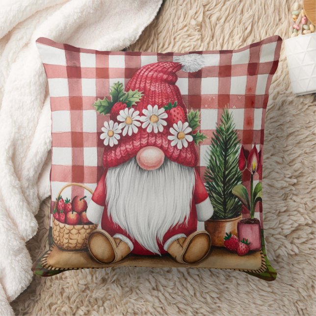 Whimsical Christmas gnome Red chequered pattern Throw Pillow (Blanket)