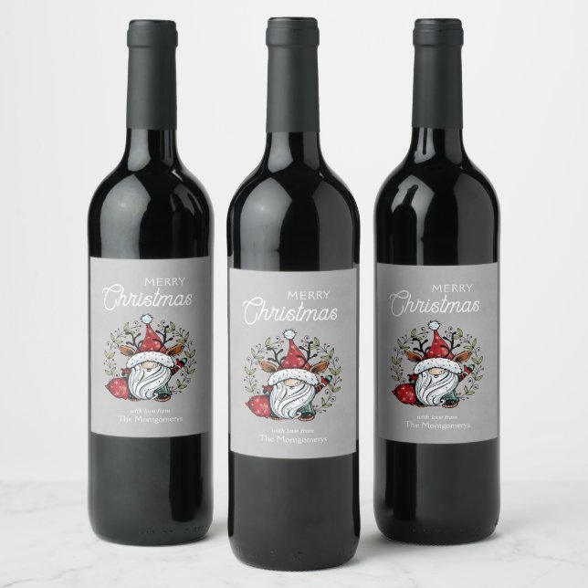 Whimsical Christmas Gnome Wine Label (Bottles)