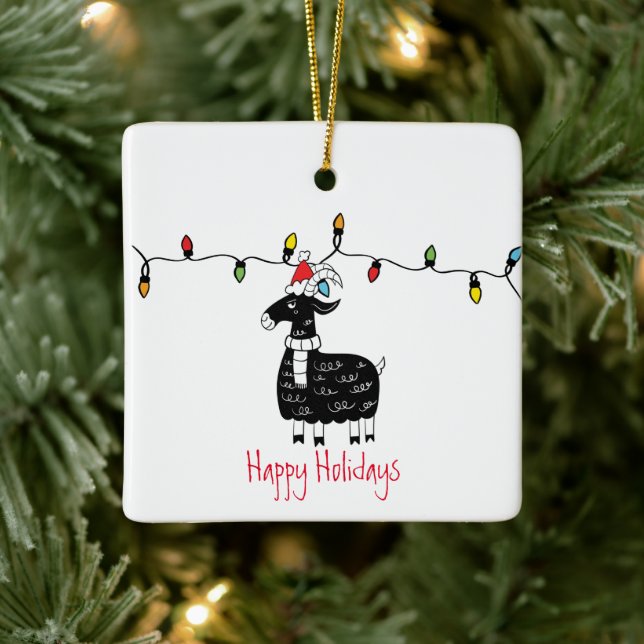 Whimsical Christmas Goat Christmas Ceramic Ornament (Tree)