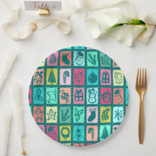 Whimsical Christmas Grid Cute Bright Holiday Paper Plate