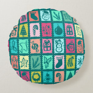 Whimsical Christmas Grid Cute Bright Holiday Round Pillow