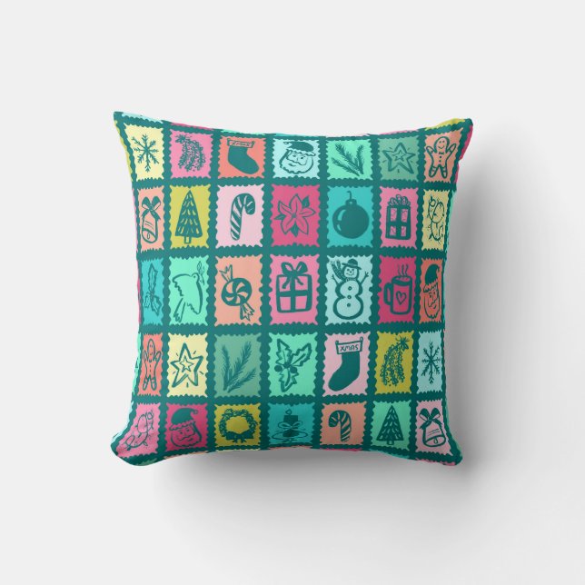 Whimsical Christmas Grid Cute Bright Holiday Throw Pillow (Front)