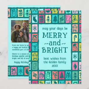 Whimsical Christmas Grid Cute Custom 2 PHOTO Holiday Card