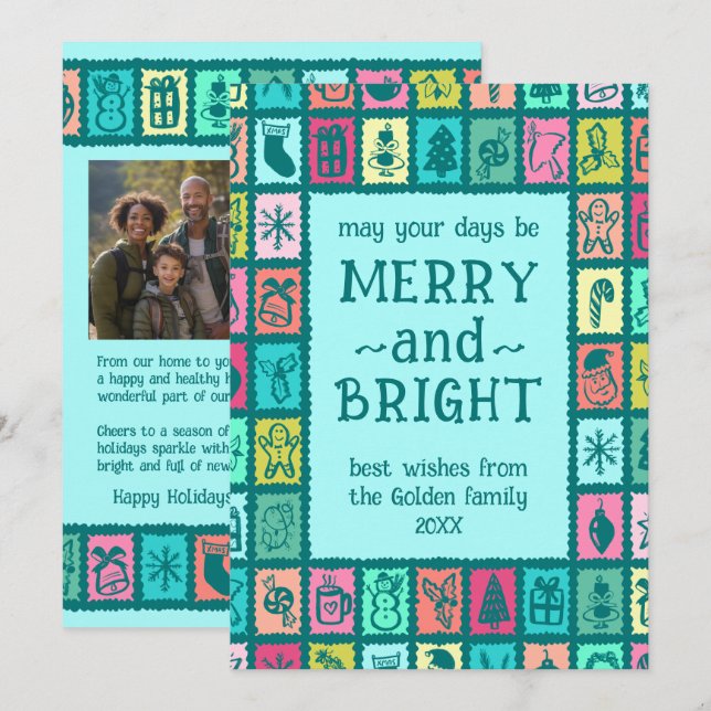 Whimsical Christmas Grid Cute Custom 2 PHOTO  Holiday Card (Front/Back)