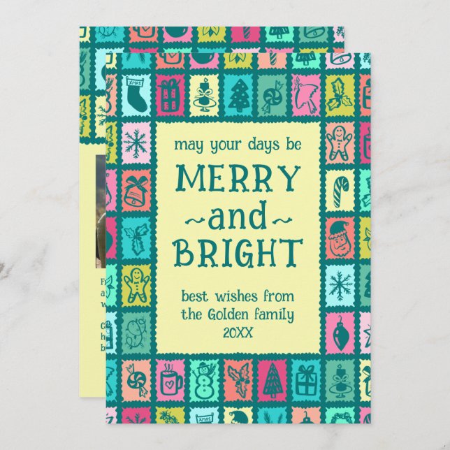 Whimsical Christmas Grid Cute Custom 2 PHOTO  Holiday Card (Front/Back)