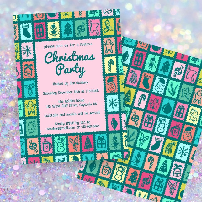 Whimsical Christmas Grid Cute Custom HOLIDAY PARTY Invitation (Whimsical Christmas Grid Cute Custom HOLIDAY PARTY Invitation
)