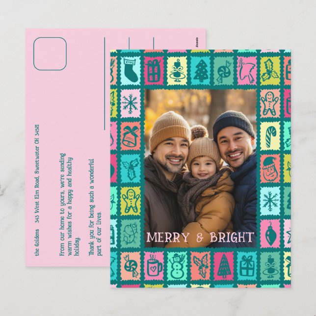 Whimsical Christmas Grid Cute Custom  Holiday Postcard (Front/Back)