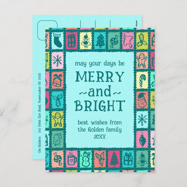 Whimsical Christmas Grid Cute Custom  Holiday Postcard (Front/Back)