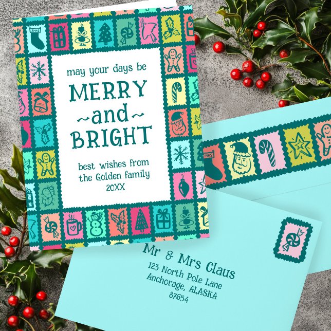 Whimsical Christmas Grid Cute Custom Message Card (Whimsical Christmas Grid Cute Custom Message Holiday Card
)
