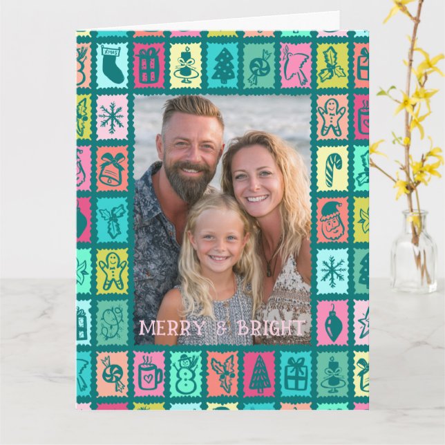 Whimsical Christmas Grid Cute Custom PHOTO Message Card (Yellow Flower)