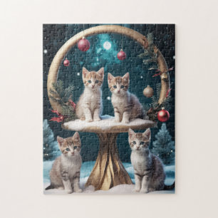 Whimsical Christmas Kittens on Gold Stand  Jigsaw Puzzle