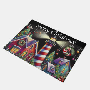 Whimsical Christmas Lighthouse Personalized Doormat