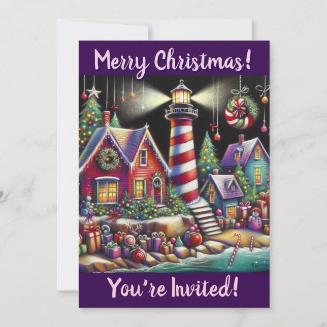 Whimsical Christmas Lighthouse Personalized Invitation (Front)