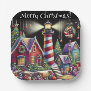 Whimsical Christmas Lighthouse Personalized Paper Plate